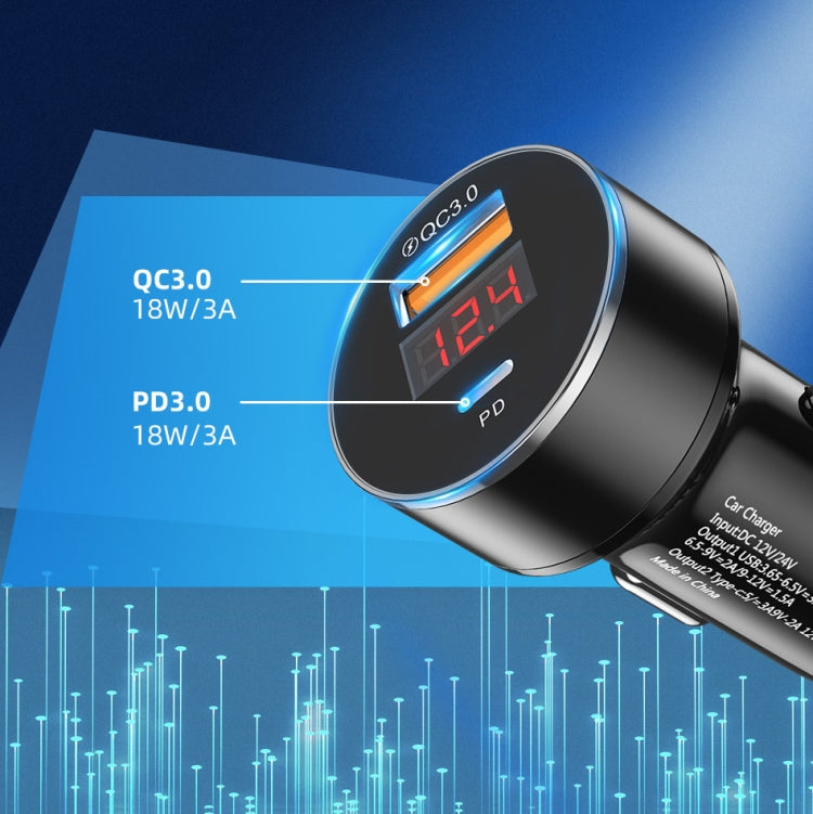 Aluminum Alloy Digital Display PD+QC3.0 Car Charger Multifunctional Car Charger(Elegant Black) - Car Charger by PMC TechLife | Online Shopping South Africa | PMC TechLife
