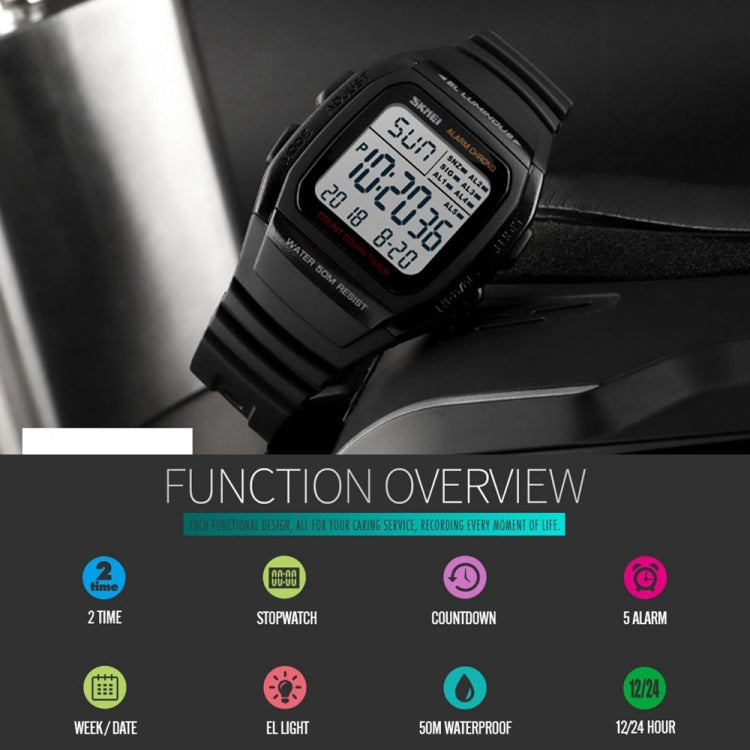 SKMEI 1278 Fashionable Outdoor 50m Waterproof Digital Watch Student Sports Wrist Watch Support 5 Group Alarm Clocks(Black) - free shipping - PMC TechLife - Order now!