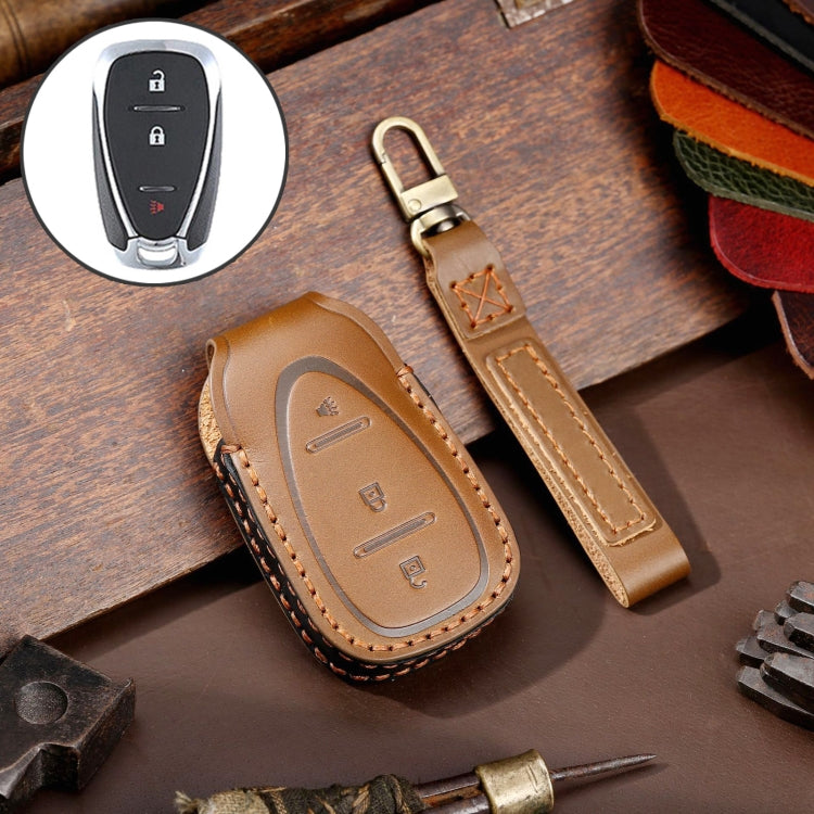 For Chevrolet 3-button Hallmo Car Cowhide Leather Key Protective Cover Key Case(Brown) - Car Key Cases by Hallmo | Online Shopping South Africa | PMC TechLife | Buy Now Pay Later Mobicred