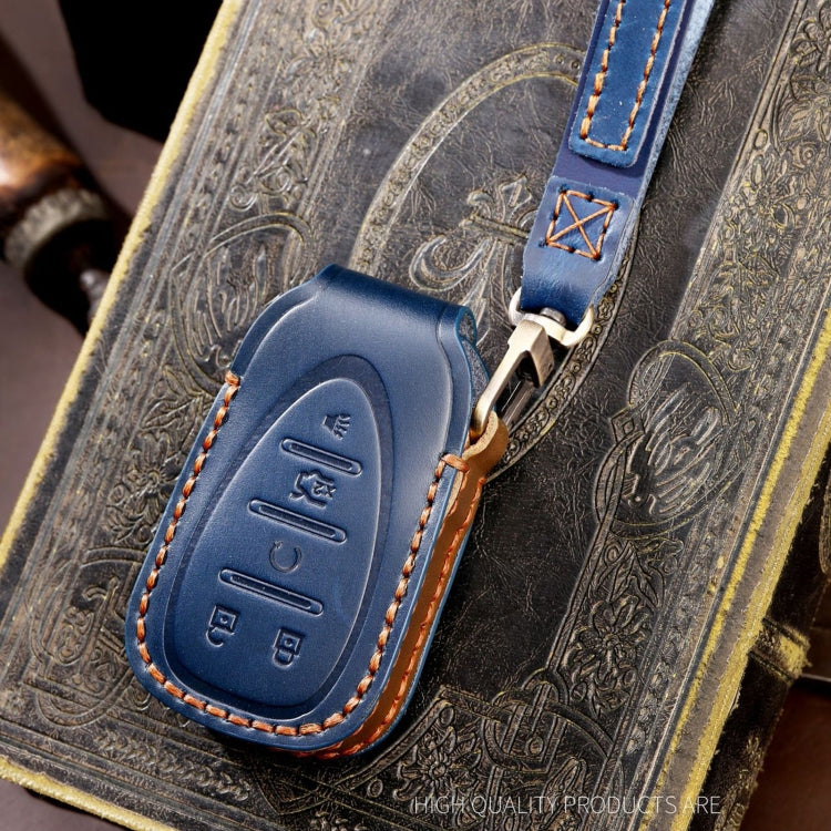 For Chevrolet 5-button Hallmo Car Cowhide Leather Key Protective Cover Key Case(Blue) - Car Key Cases by Hallmo | Online Shopping South Africa | PMC TechLife | Buy Now Pay Later Mobicred