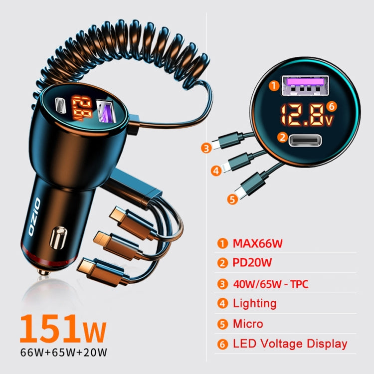 Ozio HX06 151W Type-C + USB Dual Port Car Charger with 3 in 1 Spring Data Cable - Car Charger by ozio | Online Shopping South Africa | PMC TechLife | Buy Now Pay Later Mobicred
