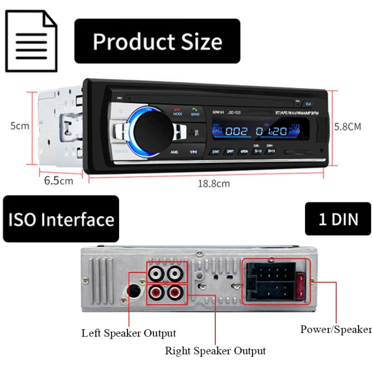 JSD-520 Car Stereo Radio MP3 Audio Player Support Bluetooth Hand-free Calling / FM / USB / SD, EU Plug Version - Car MP3 & MP4 & MP5 by PMC TechLife | Online Shopping South Africa | PMC TechLife | Buy Now Pay Later Mobicred