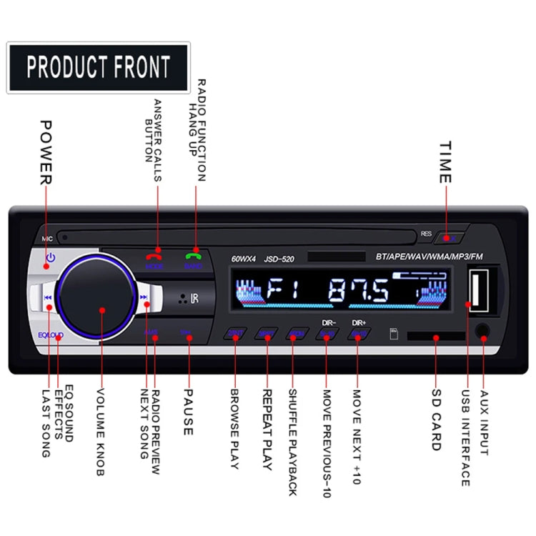 JSD-520 Car Stereo Radio MP3 Audio Player Support Bluetooth Hand-free Calling / FM / USB / SD, EU Plug Version - Car MP3 & MP4 & MP5 by PMC TechLife | Online Shopping South Africa | PMC TechLife | Buy Now Pay Later Mobicred