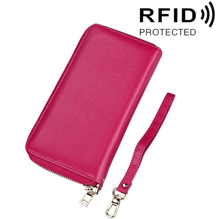 Genuine Cowhide Leather Litchi Texture Zipper Long Style Card Holder Wallet RFID Blocking Coin Purse Card Bag Protect Case with Hand Strap for Women, Size: 20*10.5*3cm(Magenta) - free shipping - PMC Jewellery - Order now!