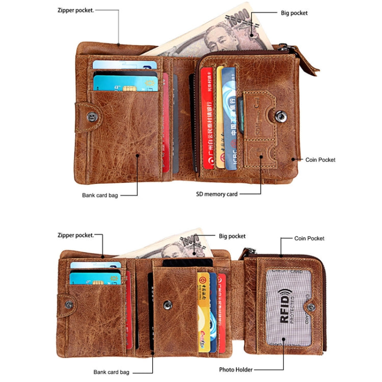 Genuine Cowhide Leather Crazy Horse Texture Zipper 3-folding Short Style Card Holder Wallet RFID Blocking Coin Purse Card Bag Protect Case for Men, Size: 12*9.5*4cm(Taupe) - free shipping - PMC Jewellery - Order now!