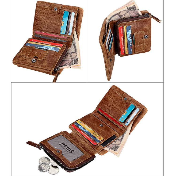 Genuine Cowhide Leather Crazy Horse Texture Zipper 3-folding Short Style Card Holder Wallet RFID Blocking Coin Purse Card Bag Protect Case for Men, Size: 12*9.5*4cm(Taupe) - free shipping - PMC Jewellery - Order now!