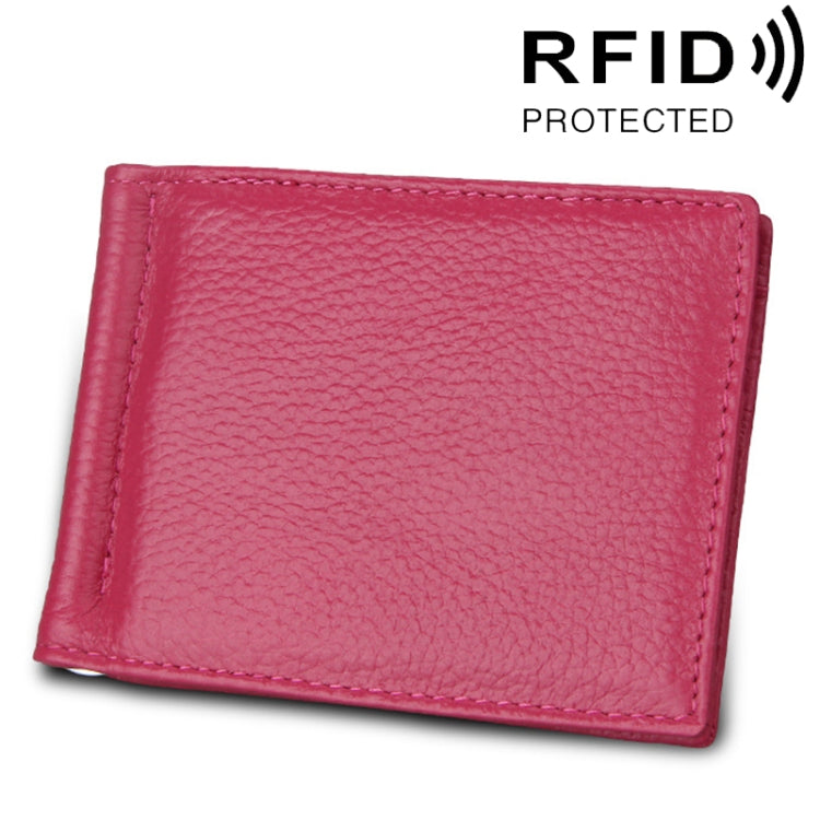 Cowhide Leather Litchi Texture Card Holder Wallet RFID Blocking Coin Purse Card Bag Protect Case with 6 Card Slots, Size: 110*82*8mm(Magenta) - free shipping - PMC Jewellery - Order now!