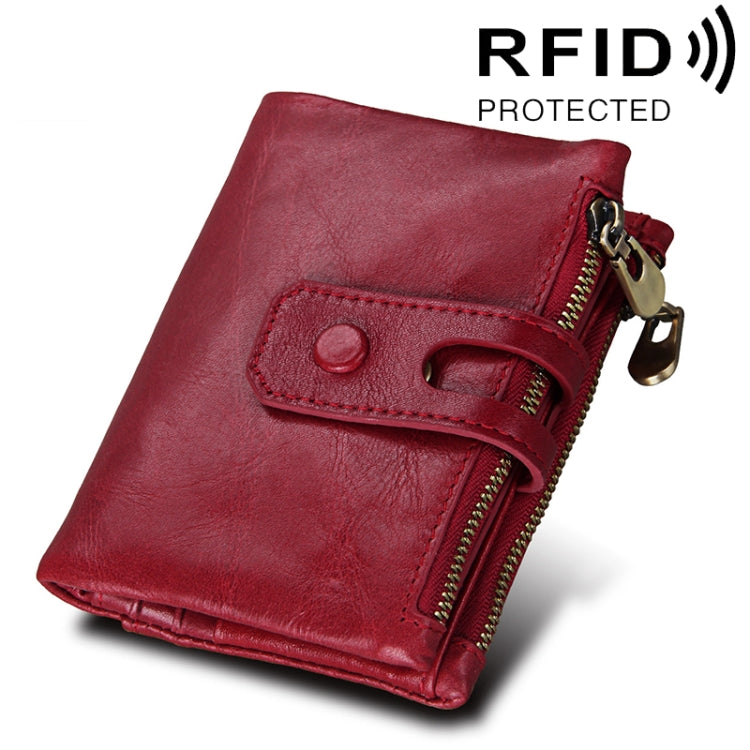 Genuine Cowhide Leather Crazy Horse Texture Zipper 3-folding Card Holder Wallet RFID Blocking Coin Purse Card Bag Protect Case for Men, Size: 12*9.5*3.5cm(Red) - free shipping - PMC Jewellery - Order now!