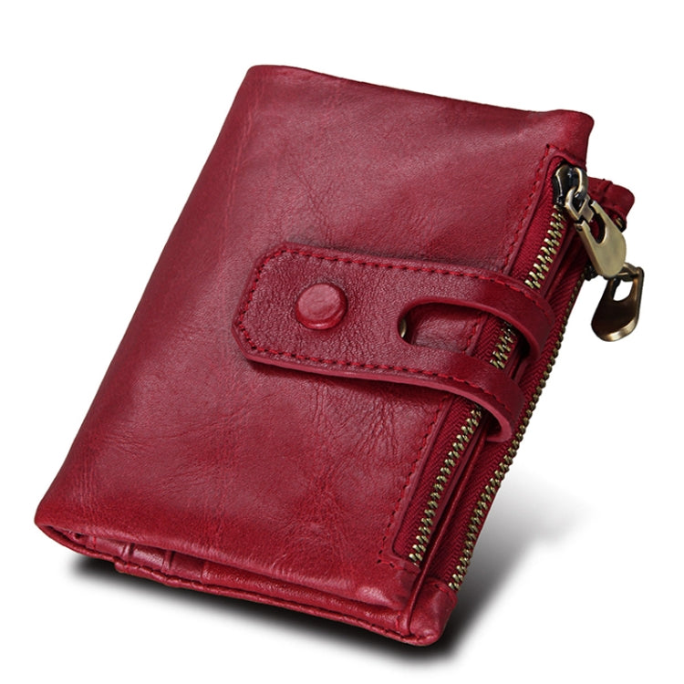 Genuine Cowhide Leather Crazy Horse Texture Zipper 3-folding Card Holder Wallet RFID Blocking Coin Purse Card Bag Protect Case for Men, Size: 12*9.5*3.5cm(Red) - free shipping - PMC Jewellery - Order now!