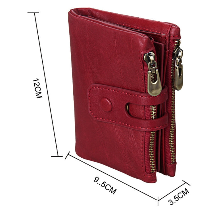 Genuine Cowhide Leather Crazy Horse Texture Zipper 3-folding Card Holder Wallet RFID Blocking Coin Purse Card Bag Protect Case for Men, Size: 12*9.5*3.5cm(Red) - free shipping - PMC Jewellery - Order now!