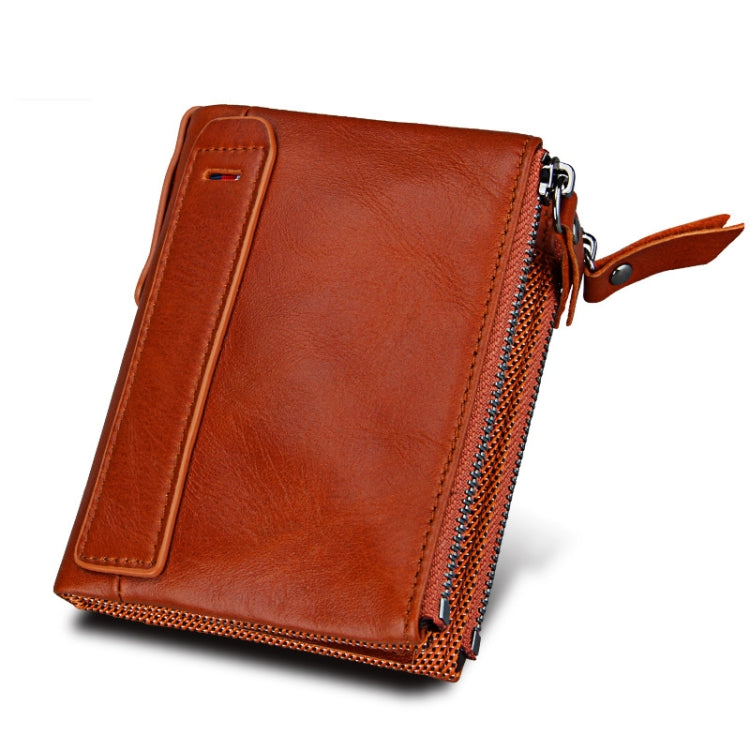 Genuine Cowhide Leather Crazy Horse Texture Dual Zipper Short Style Card Holder Wallet RFID Blocking Card Bag Protect Case for Men, Size: 12.1*9.4*2.7cm(Orange) - free shipping - PMC Jewellery - Order now!