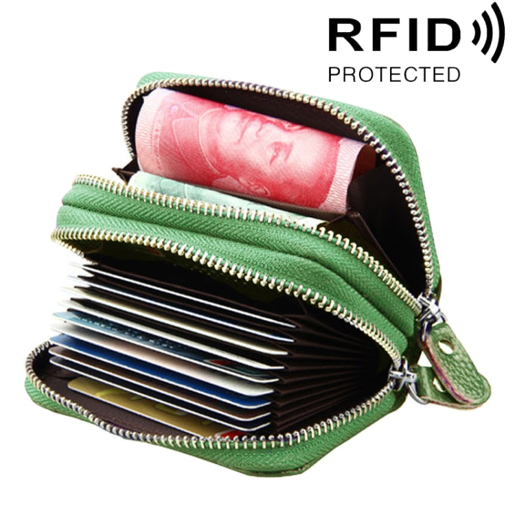 Genuine Leather Dual Layer Zipper Card Holder Wallet RFID Blocking Purse, Size: 10.5x7.0x4.0cm(Green) - free shipping - PMC Jewellery - Order now!
