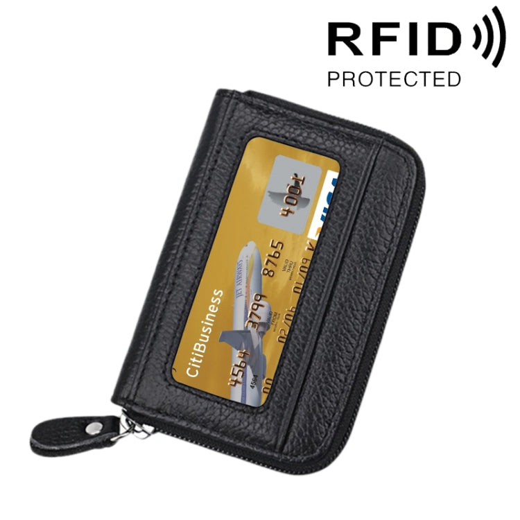 Genuine Cowhide Leather Solid Color Zipper Horizontal Card Holder Wallet RFID Blocking Card Bag Protect Case with 12 Card Slots, Size: 11.5*7.5cm(Black) - free shipping - PMC Jewellery - Order now!