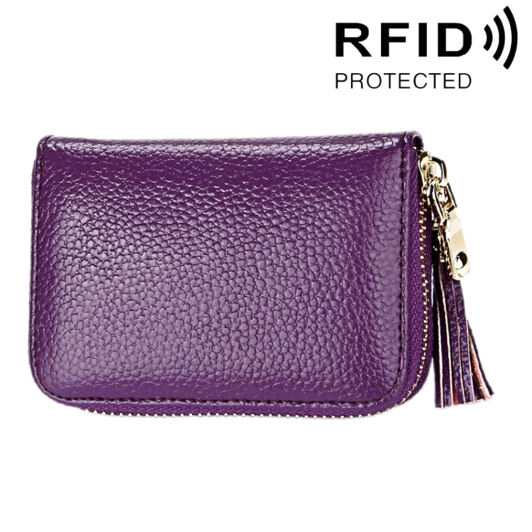 Genuine Cowhide Leather Solid Color Zipper Card Holder Wallet RFID Blocking Card Bag Protect Case Coin Purse with Tassel Pendant & 15 Card Slots for Women, Size: 11.1*7.6*3.5cm(Purple) - free shipping - PMC Jewellery - Order now!