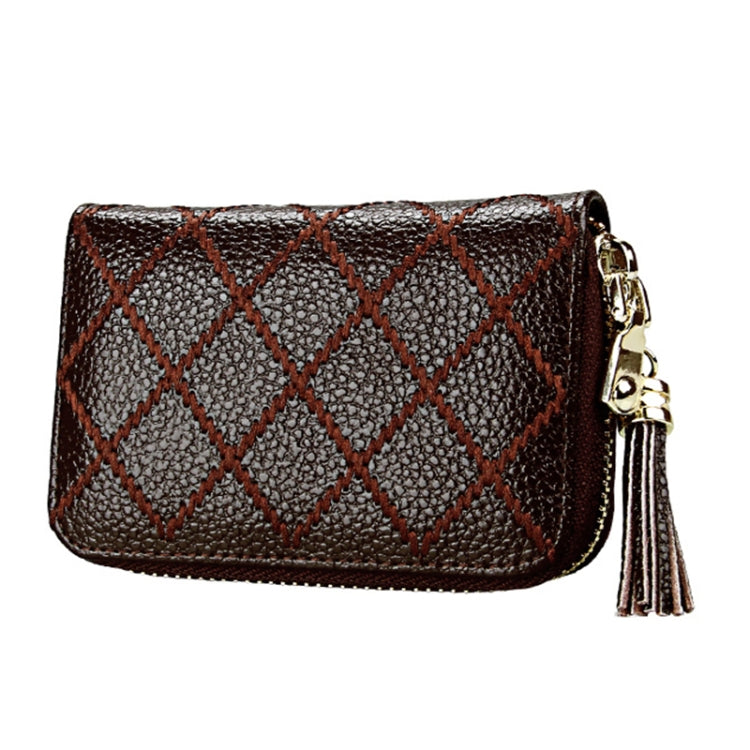 Genuine Cowhide Leather Grid Texture Zipper Card Holder Wallet RFID Blocking Card Bag Protect Case Coin Purse with Tassel Pendant & 15 Card Slots for Women, Size: 11.1*7.9*3.5cm(Coffee) - free shipping - PMC Jewellery - Order now!