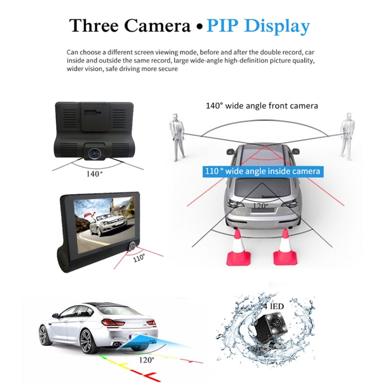 4.0 inch IPS Screen 5.0 Mega Pixels 170 Degrees Wide Angle Full HD 1080P 3 Channels Video Car DVR, Support Night Vision Fill Light / Reversing Visual / TF Card(32GB Max) / G-sensor / Motion Detection - Car DVRs by PMC TechLife | Online Shopping South Africa | PMC TechLife | Buy Now Pay Later Mobicred
