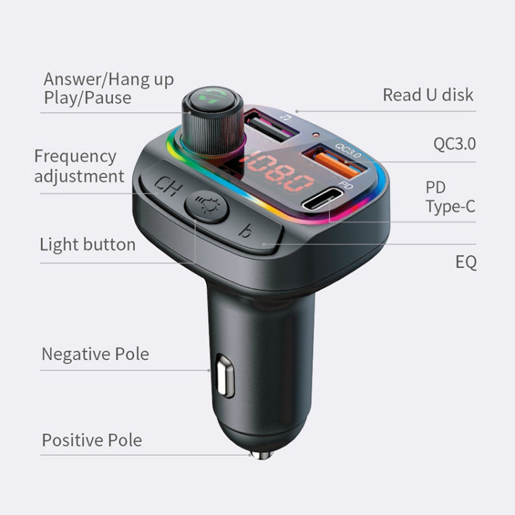 C14 Multifunctional Car Dual QC3.0+PD18W USB Charger Bluetooth FM Transmitter with Atmosphere Light - Bluetooth Car Kits by PMC TechLife | Online Shopping South Africa | PMC TechLife | Buy Now Pay Later Mobicred