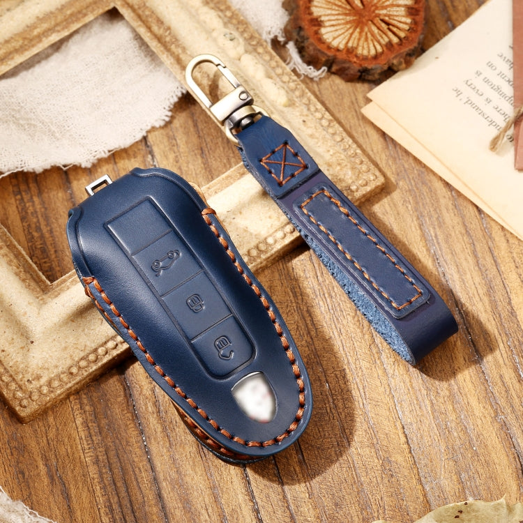 Hallmo Car Cowhide Leather Key Protective Cover Key Case for Porsche Macan 718 2021 A Style(Blue) - Car Key Cases by Hallmo | Online Shopping South Africa | PMC TechLife | Buy Now Pay Later Mobicred