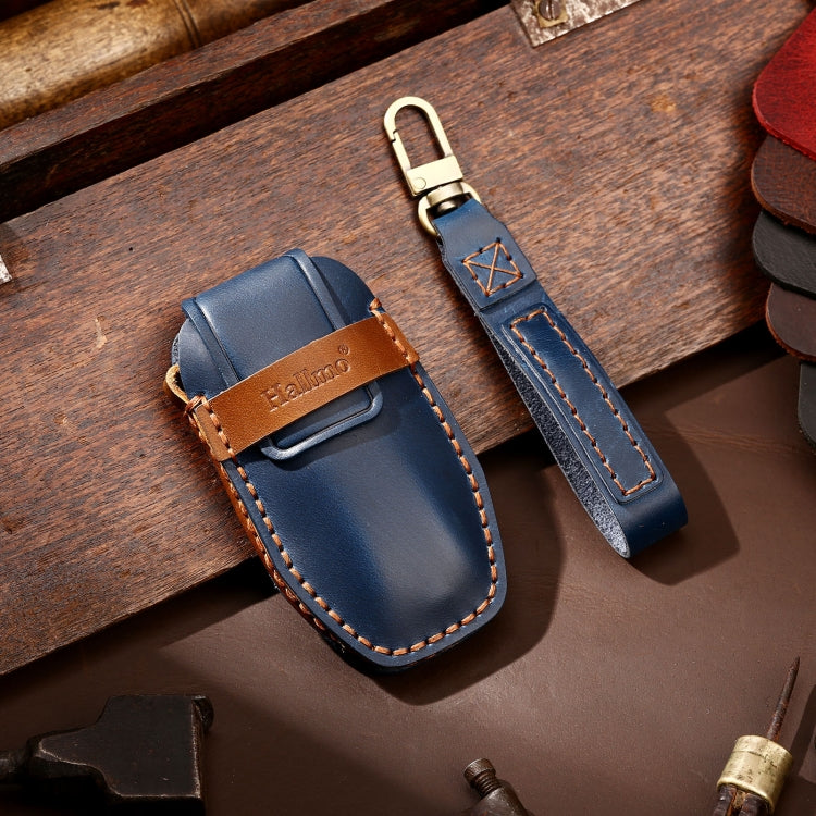 Hallmo Car Cowhide Leather Key Protective Cover Key Case for BYD(Blue) - Car Key Cases by Hallmo | Online Shopping South Africa | PMC TechLife | Buy Now Pay Later Mobicred