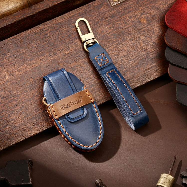 Hallmo Car Cowhide Leather Key Protective Cover Key Case for Nissan Sylphy 3-button Tail Box(Blue) - Car Key Cases by Hallmo | Online Shopping South Africa | PMC TechLife | Buy Now Pay Later Mobicred