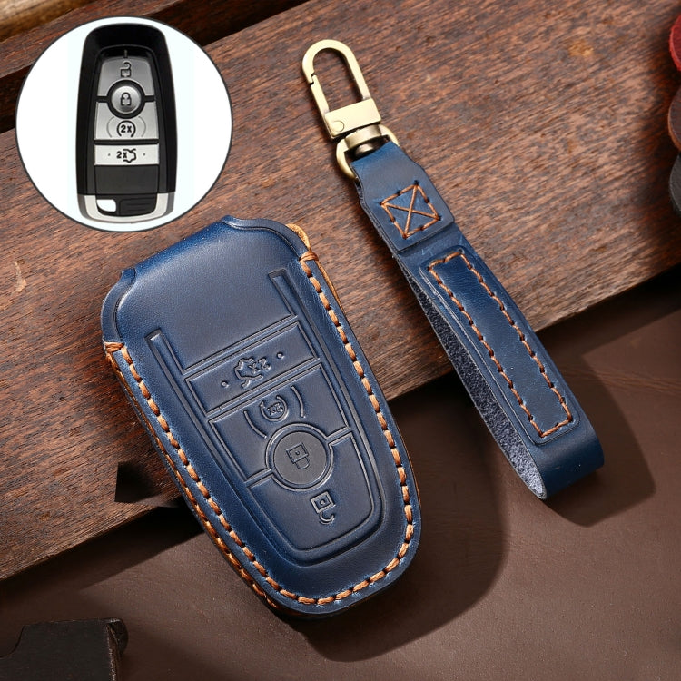 Hallmo Car Cowhide Leather Key Protective Cover Key Case for Ford Focus C Style(Blue) - Car Key Cases by Hallmo | Online Shopping South Africa | PMC TechLife | Buy Now Pay Later Mobicred