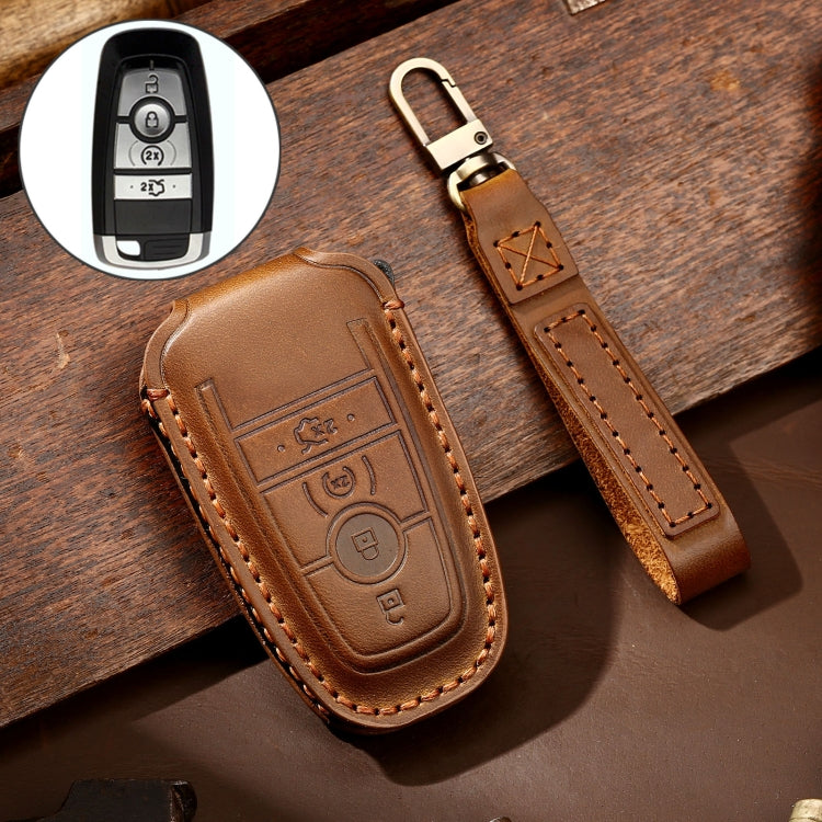 Hallmo Car Cowhide Leather Key Protective Cover Key Case for Ford Focus C Style(Brown) - Car Key Cases by Hallmo | Online Shopping South Africa | PMC TechLife | Buy Now Pay Later Mobicred
