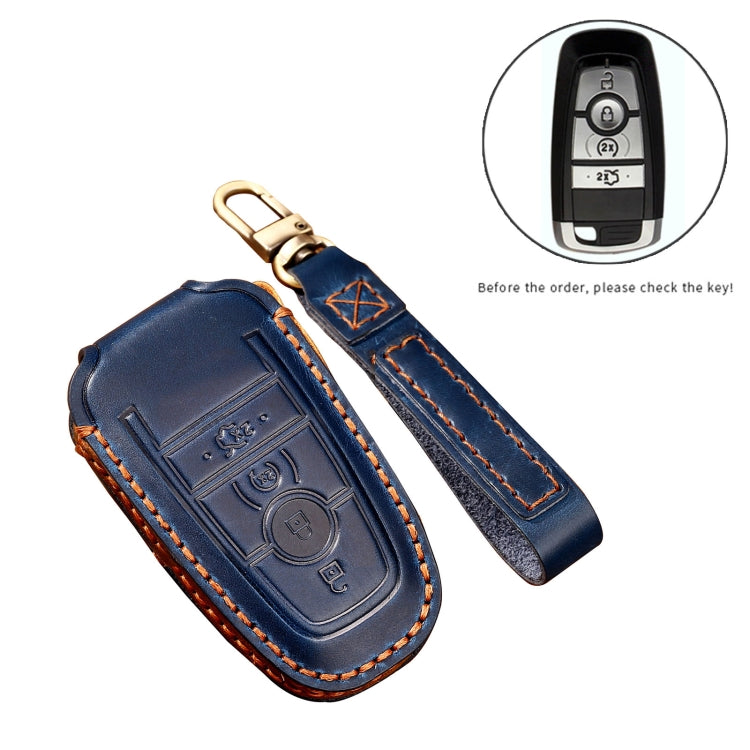 Hallmo Car Cowhide Leather Key Protective Cover Key Case for Ford Focus C Style(Blue) - Car Key Cases by Hallmo | Online Shopping South Africa | PMC TechLife | Buy Now Pay Later Mobicred