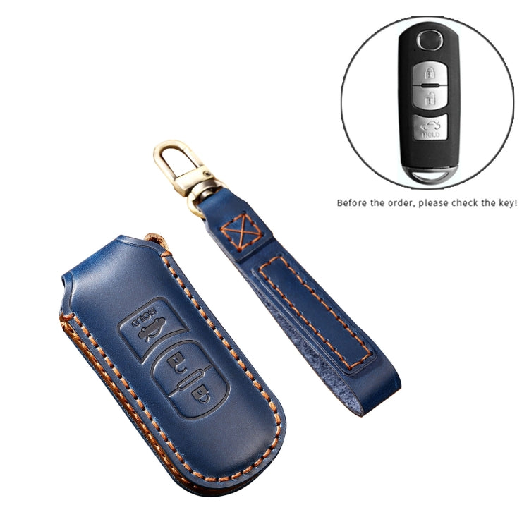 Hallmo Car Cowhide Leather Key Protective Cover Key Case for Mazda Axela 3-button(Blue) - Car Key Cases by Hallmo | Online Shopping South Africa | PMC TechLife | Buy Now Pay Later Mobicred