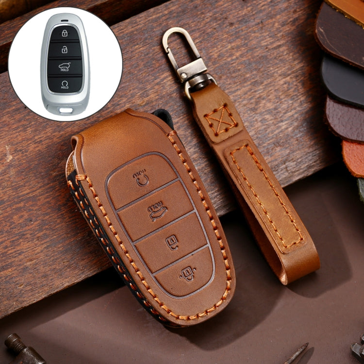 Hallmo Car Cowhide Leather Key Protective Cover Key Case for Hyundai 4-button Start(Brown) - Car Key Cases by Hallmo | Online Shopping South Africa | PMC TechLife | Buy Now Pay Later Mobicred