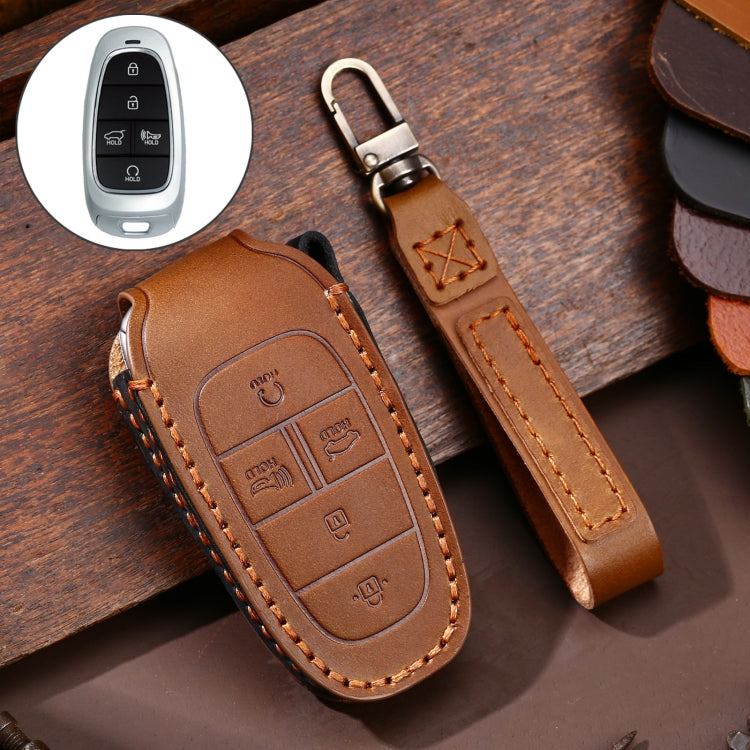 Hallmo Car Cowhide Leather Key Protective Cover Key Case for Hyundai 5-button(Brown) - Car Key Cases by Hallmo | Online Shopping South Africa | PMC TechLife | Buy Now Pay Later Mobicred