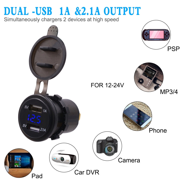 Universal Car Dual Port USB Charger Power Outlet Adapter 3.1A 5V IP66 with LED Digital Voltmeter + 60cm Cable(Blue Light) - DIY Modified Charger by PMC TechLife | Online Shopping South Africa | PMC TechLife | Buy Now Pay Later Mobicred