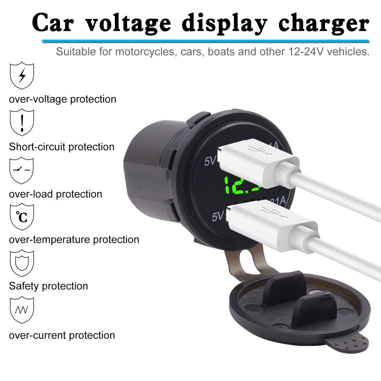 Universal Car Dual Port USB Charger Power Outlet Adapter 3.1A 5V IP66 with LED Digital Voltmeter + 60cm Cable(Green Light) - DIY Modified Charger by PMC TechLife | Online Shopping South Africa | PMC TechLife | Buy Now Pay Later Mobicred