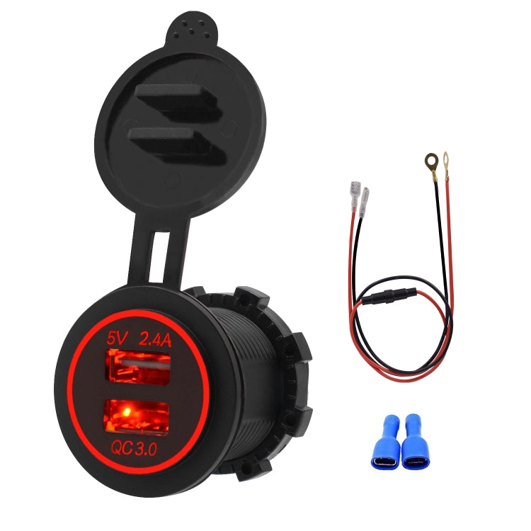 Universal Car QC3.0 Dual Port USB Charger Power Outlet Adapter 5V 2.4A IP66 with 60cm Cable(Red Light) - DIY Modified Charger by PMC TechLife | Online Shopping South Africa | PMC TechLife | Buy Now Pay Later Mobicred