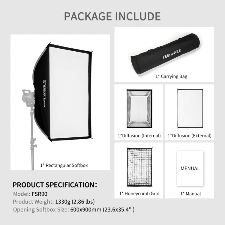 FEELWORLD FSR90 60x90cm Rectangular Softbox Quick Release Bowens Mount Diffuser - free shipping - PMC TechLife - Order now!