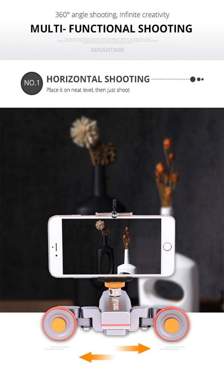 YELANGU L4X Camera 3-wheel Dolly II Electric Track Slider 3-Wheel Video Pulley Rolling Dolly Car with Remote Control for DSLR / Home DV Cameras, GoPro, Smartphones, Load: 3kg(Grey) - free shipping - PMC TechLife - Order now!