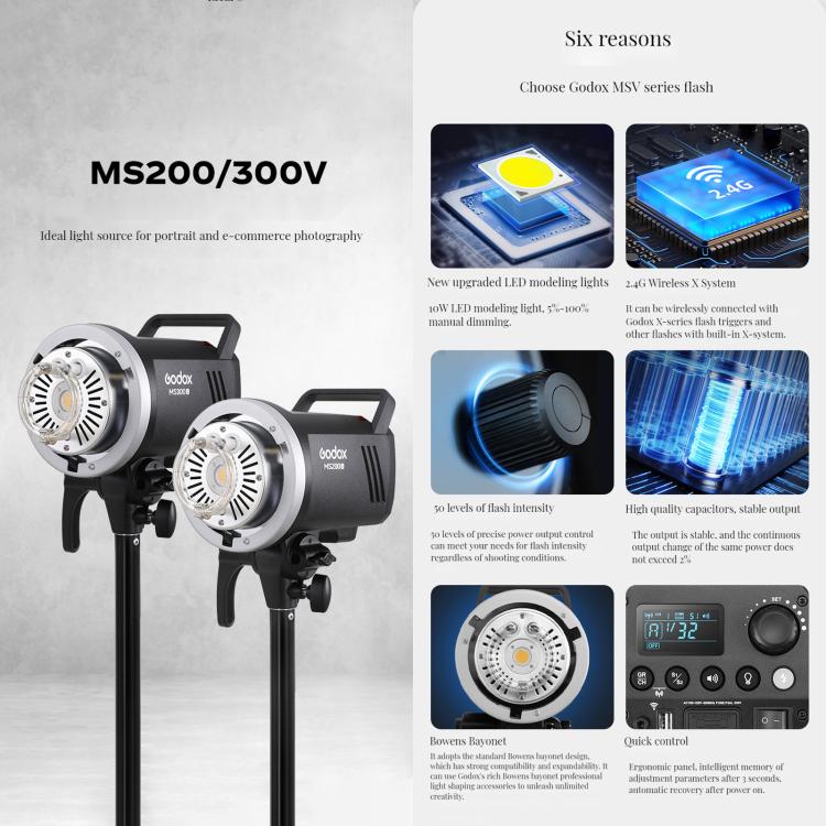 Godox MS300-V Studio Flash Light 300Ws Bowens Mount Strobe Light with Lamp Cover (EU Plug) - free shipping - PMC TechLife - Order now!