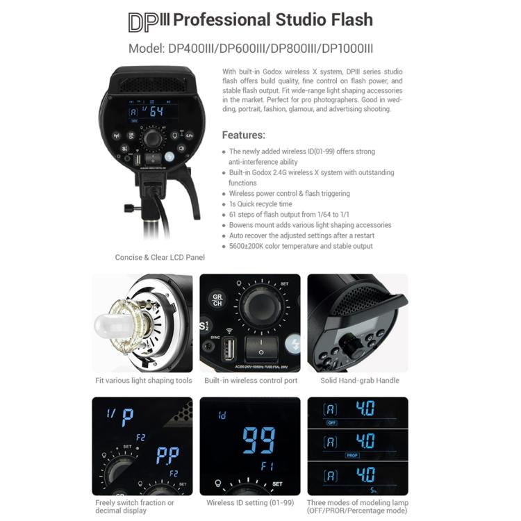 Godox DP400III Studio Flash Photo Light 400Ws 2.4G Wireless X System Bowens Mount Strobe Light, No Lamp Cover (UK Plug) - free shipping - PMC TechLife - Order now!