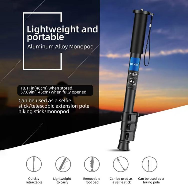 BEXIN P294B Portable Travel Outdoor DSLR Camera Aluminum Alloy Monopod Holder (Black) - free shipping - PMC TechLife - Order now!