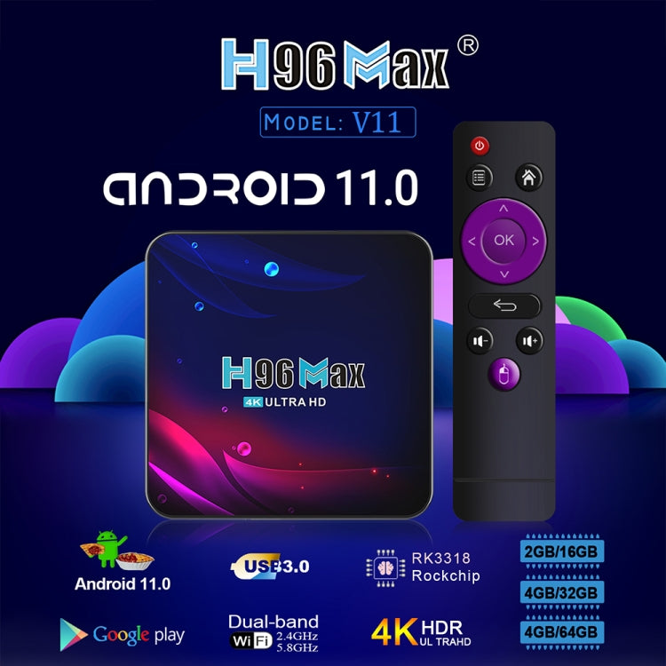 H96 Max V11 4K Smart TV BOX Android 11.0 Media Player with Remote Control, RK3318 Quad-Core 64bit Cortex-A53, RAM: 4GB, ROM: 32GB, Support Dual Band WiFi, Bluetooth, Ethernet, UK Plug - RK3318 by PMC TechLife | Online Shopping South Africa | PMC TechLife | Buy Now Pay Later Mobicred