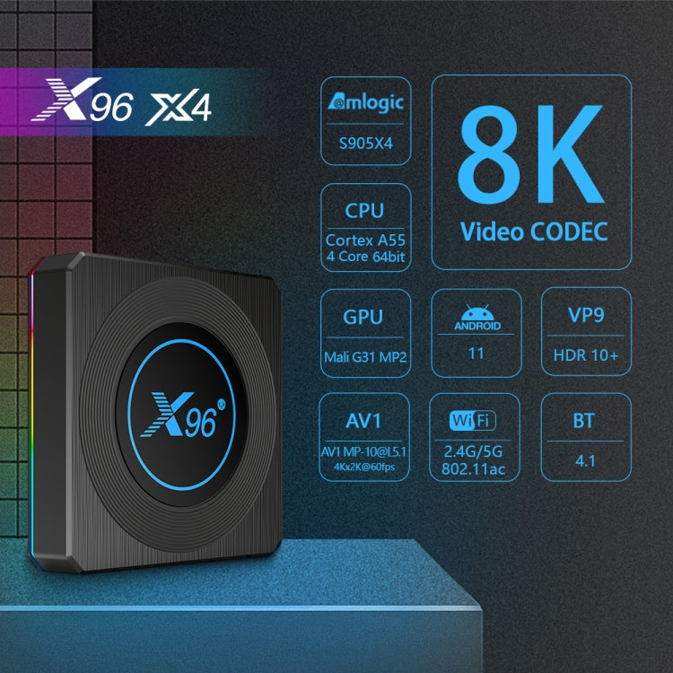 X96 X4 8K Smart TV BOX Android 11.0 Media Player with Remote Control, Amlogic S905X4 Quad Core ARM Cortex A55, RAM: 4GB, ROM: 32GB, Support 1000M, Dual Band WiFi, Bluetooth, EU Plug - Amlogic S905 by PMC TechLife | Online Shopping South Africa | PMC TechLife | Buy Now Pay Later Mobicred