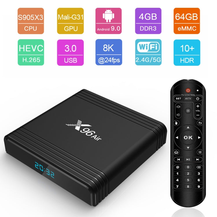 X96 Air 8K Smart TV BOX Android 9.0 Media Player with Remote Control, Quad-core Amlogic S905X3, RAM: 4GB, ROM: 64GB, Dual Band WiFi, Bluetooth, AU Plug - Amlogic S905 by PMC TechLife | Online Shopping South Africa | PMC TechLife | Buy Now Pay Later Mobicred