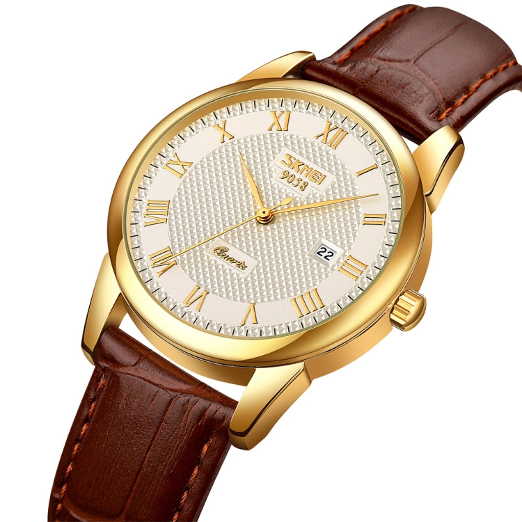 SKMEI 9058 Multifunctional Outdoor Fashion Waterproof Gold Shell Quartz Wrist Watch(Women Style Silver Face Brown Strap) - free shipping - PMC TechLife - Order now!