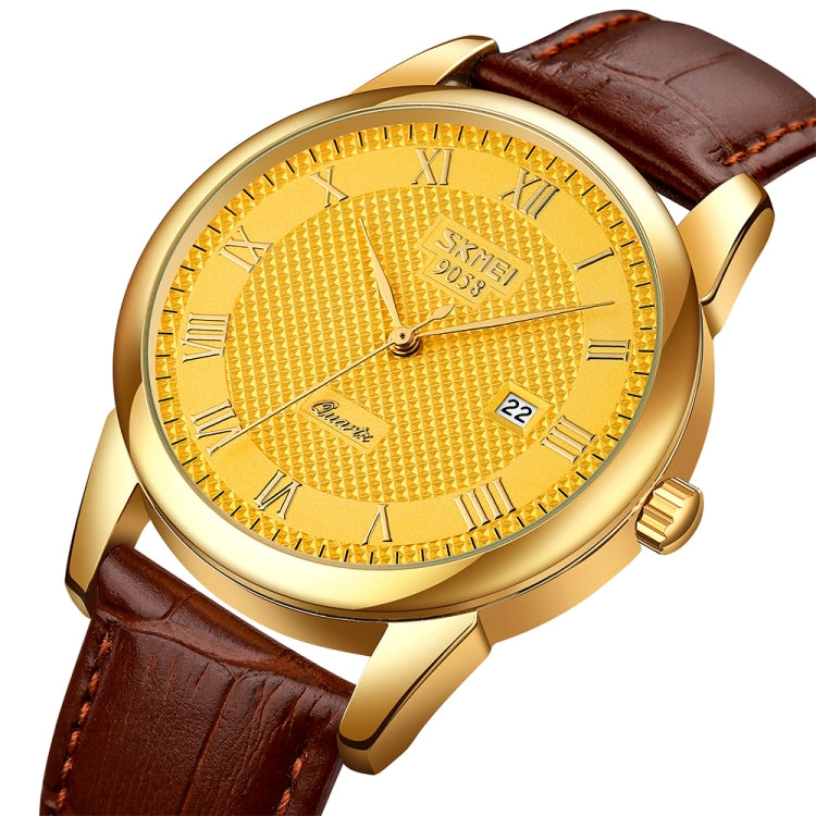 SKMEI 9058 Multifunctional Outdoor Fashion Waterproof Gold Shell Quartz Wrist Watch(Men Style Gold Face Brown Strap) - free shipping - PMC TechLife - Order now!