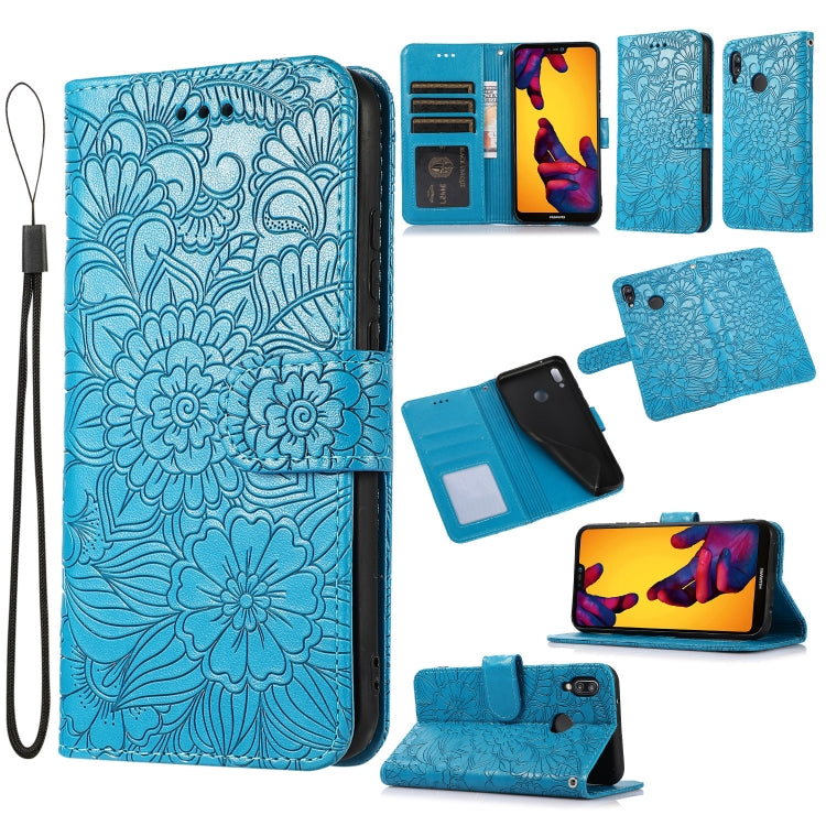 For Huawei P20 lite Skin Feel Embossed Sunflower Horizontal Flip Leather Case with Holder & Card Slots & Wallet & Lanyard(Blue) - Huawei Cases by PMC TechLife | Online Shopping South Africa | PMC TechLife