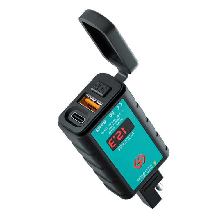 WUPP ZH-1422B1 DC12-24V Motorcycle Square Single USB + PD Fast Charging Charger with Switch + Voltmeter + Integrated SAE Socket - free shipping - PMC TechLife - Order now!