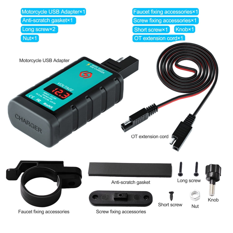 WUPP ZH-1422B2 DC12-24V Motorcycle Square Single USB + PD Fast Charging Charger with Switch + Voltmeter + Integrated SAE Socket + 1m SAE Socket Cable - Battery Charger by WUPP | Online Shopping South Africa | PMC TechLife | Buy Now Pay Later Mobicred