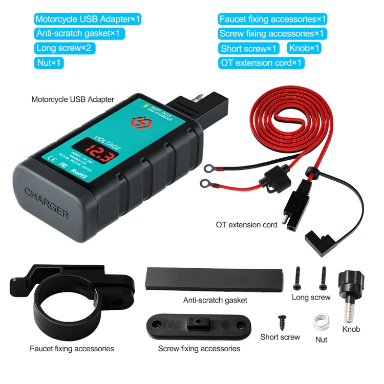 WUPP ZH-1422B3 DC12-24V Motorcycle Square Single USB + PD Fast Charging Charger with Switch + Voltmeter + Integrated SAE Socket + 1.4m OT Terminal Cable - Battery Charger by WUPP | Online Shopping South Africa | PMC TechLife | Buy Now Pay Later Mobicred