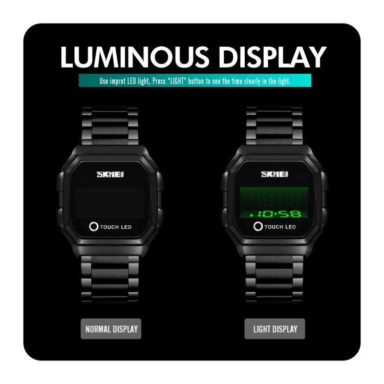 SKMEI 1650 Steel Strap Version LED Digital Display Electronic Watch with Touch Luminous Button(Black) - free shipping - PMC TechLife - Order now!