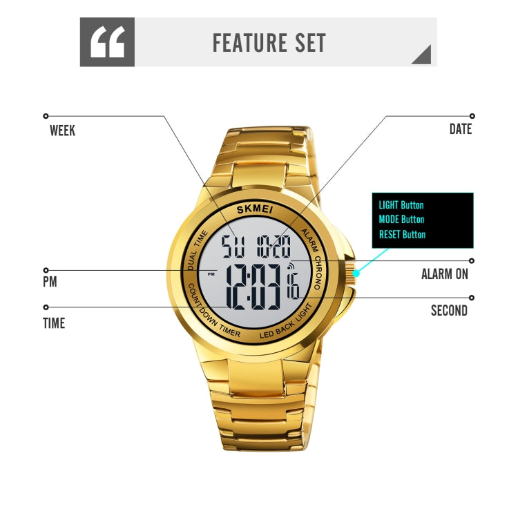 SKMEI 1712 Dual Time LED Digital Display Luminous Stainless Steel Strap Electronic Watch(Gold and White) - free shipping - PMC TechLife - Order now!