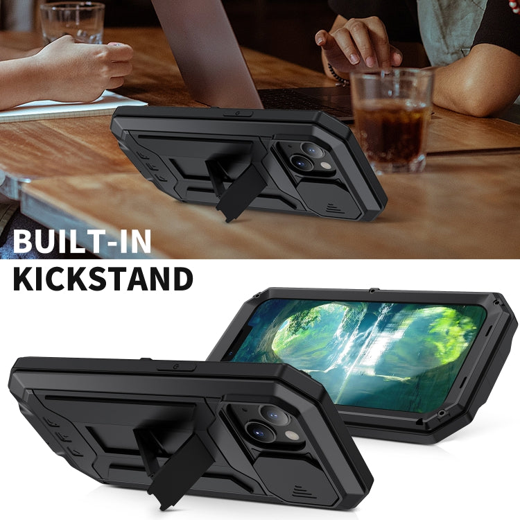 For iPhone 13 mini R-JUST Sliding Camera Shockproof Life Waterproof Dust-proof Metal + Silicone Protective Case with Holder (Black) - free shipping - PMC TechLife - Order now!